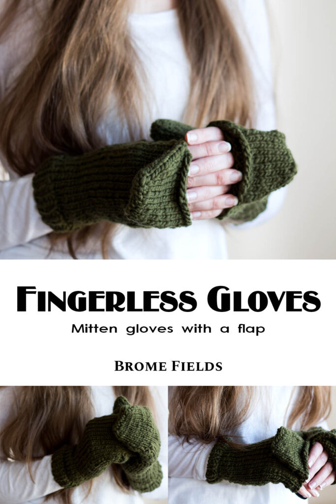 multiple pics of knit fingerless gloves mittens on a model