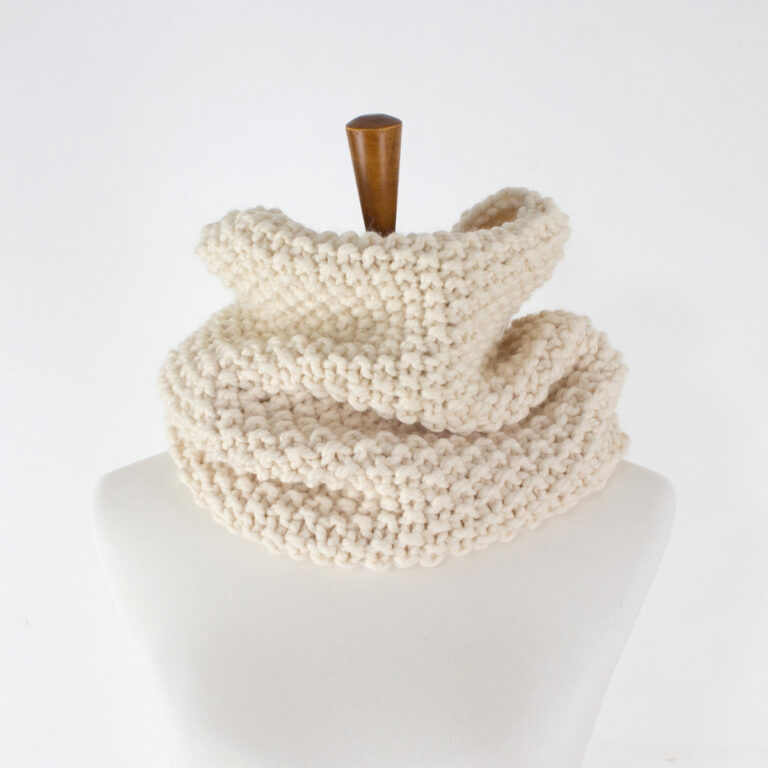 Beginner Seed Stitch cowl displayed on a dress form