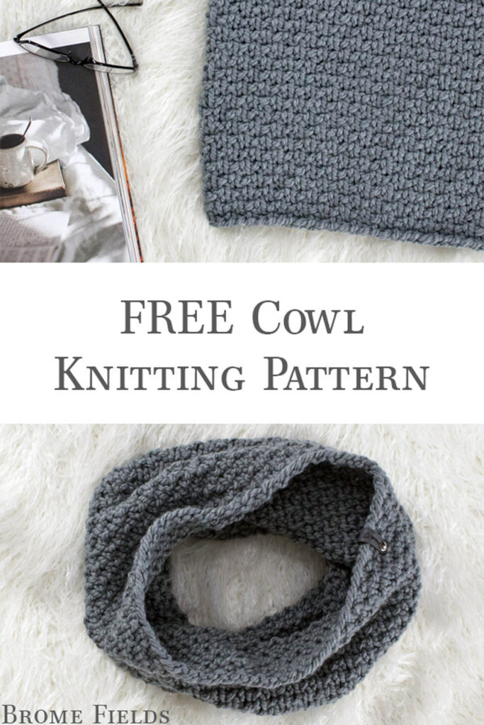 multiple pics of Seed Stitch Cowl laying on a faux fur blanket