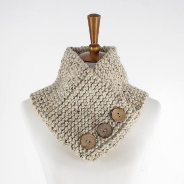 a one skein cowl displayed on a dress form