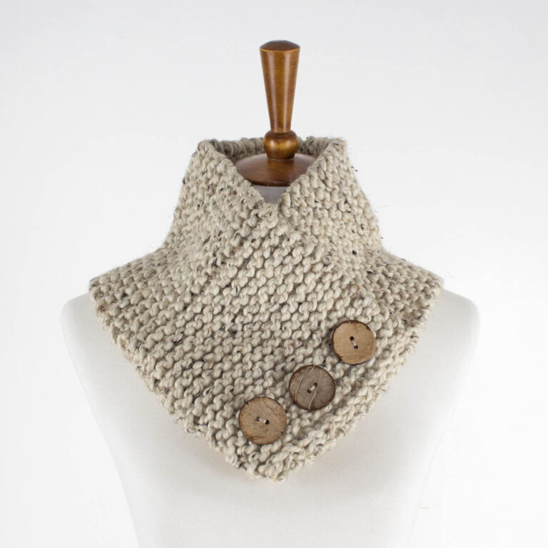 a one skein cowl displayed on a dress form