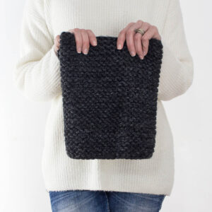 multiple pics of a beginner garter stitch cowl worn by a model and displayed on a faux fur blanket