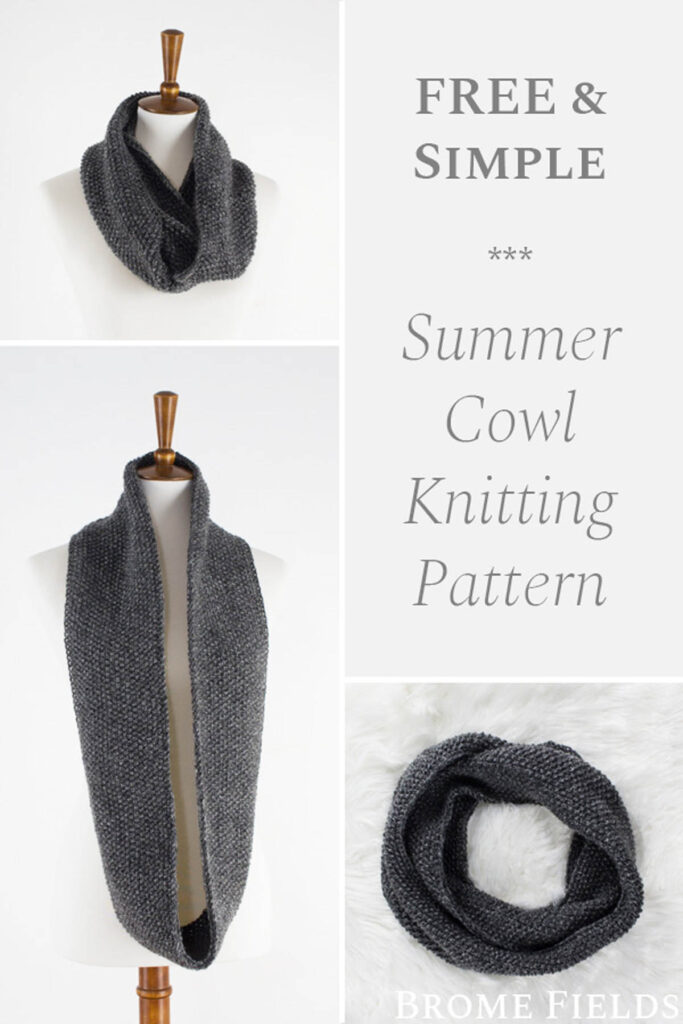 multiple pics of a simple Seed Stitch Cowl laying on a faux fur blanket and on a dress form