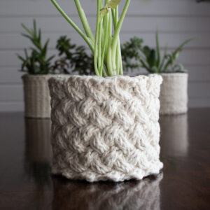 pic of a cable stitch knitted plant pot holder covering a pot with a plant in it