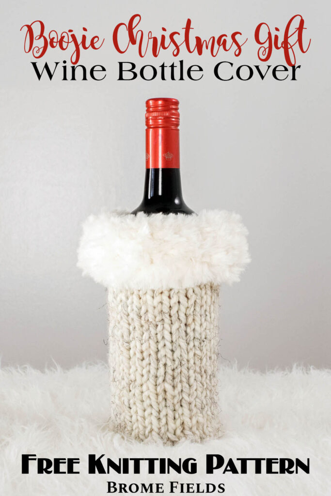 Christmas knitted wine bottle sweater displayed on a wine bottle.