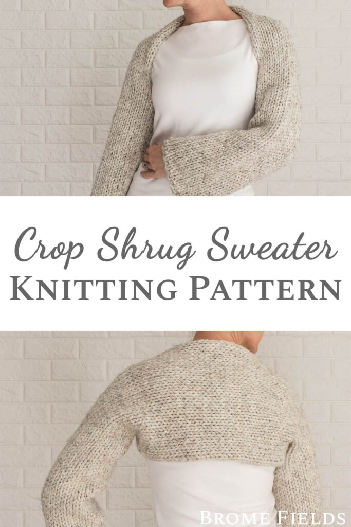 model wearing an easy Shrug Sweater Crop Top knitted in the stockinette stitch without seams