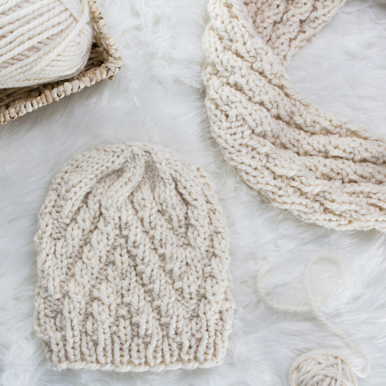 chevron knit hat displayed on faux fur blanket