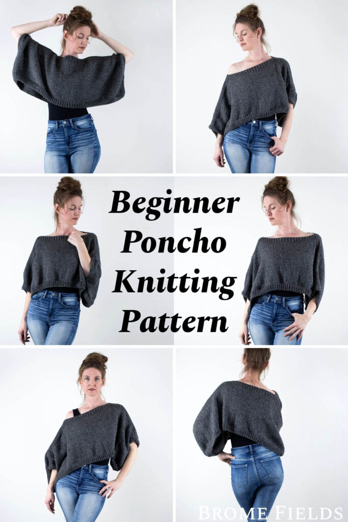 multiple pics of a model wearing a hand knit rectangle poncho