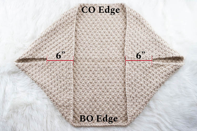 picture of where to sew seams on a knitted shrug