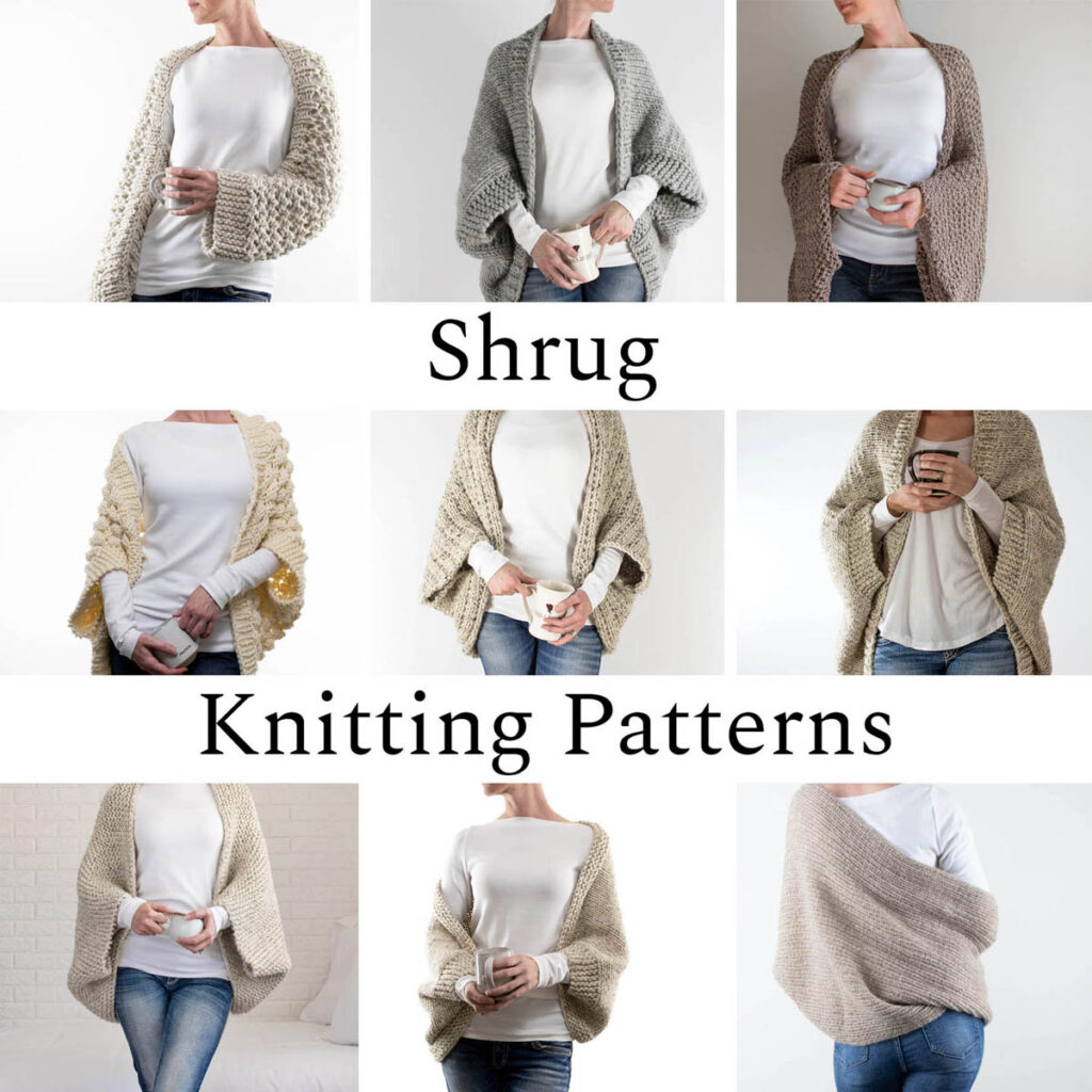 multiple pics of a model wearing different knitted shrugs