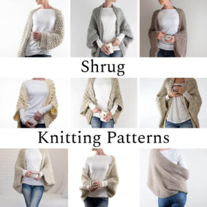 multiple pics of a model wearing different knitted shrugs