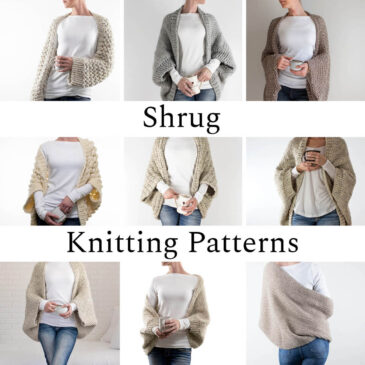 multiple pics of a model wearing different knitted shrugs