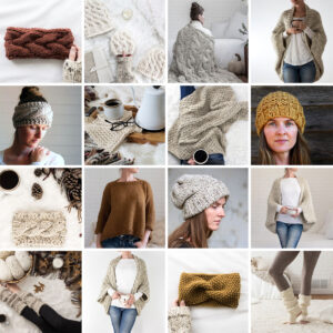 multiple pics of a model wearing different knitted hats, blankets and shrugs