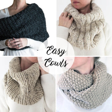 multiple pics of simple and squishy knit cowls on a model