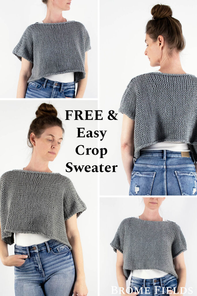 multiple pics of a hand knitted crop top sweater on a model