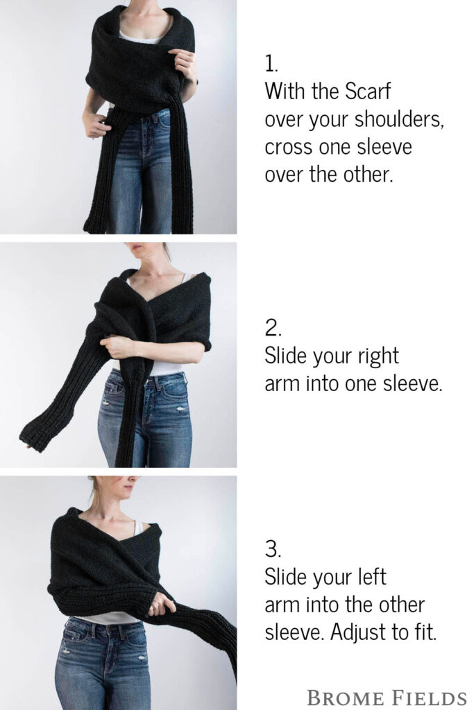 multiple pics of a woman wearing a Cozy Sweater Scarf with Sleeves tutorial