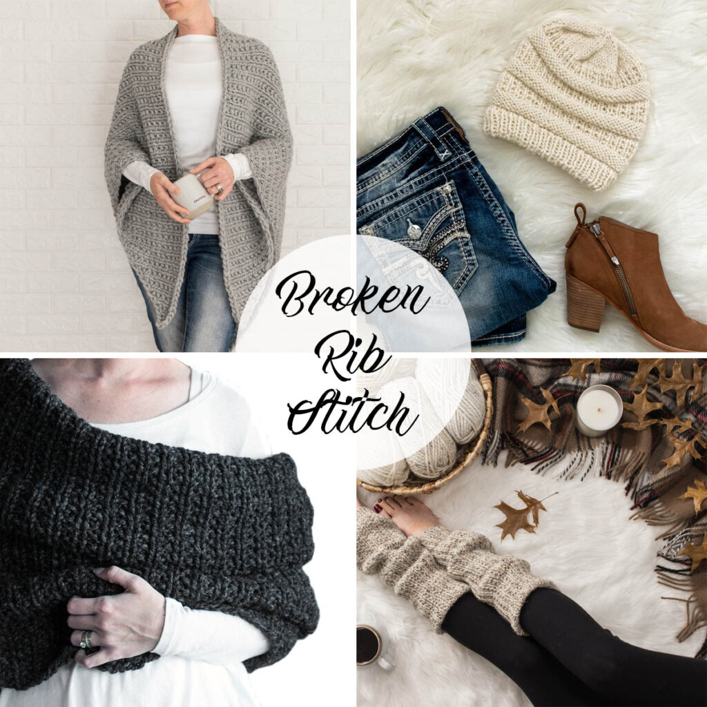 multiple pics of broken rib stitch knitting projects