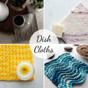 multiple pics of hand knit dishcloths displayed on a flat surface
