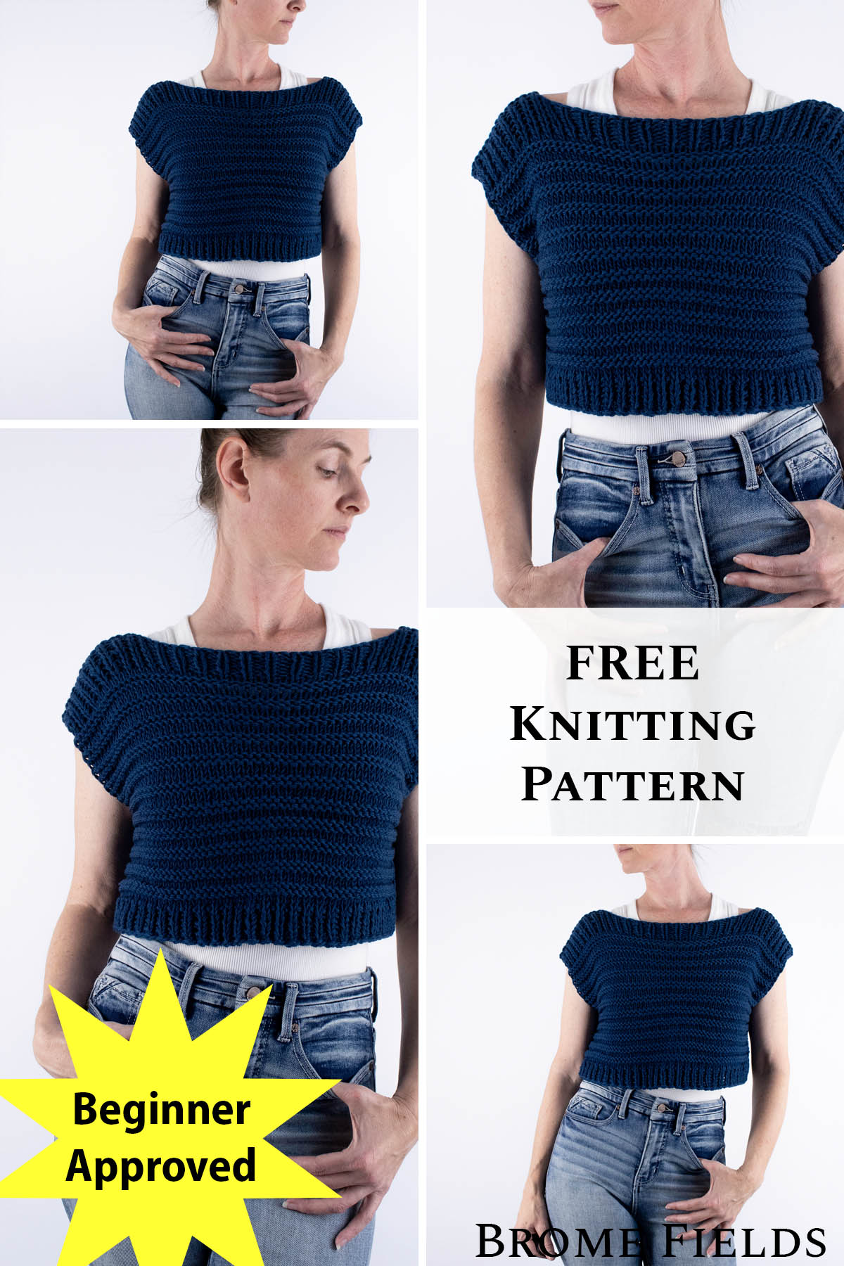 Collage image of a woman wearing a hand-knit navy blue crop top poncho sweater made with the ridge stitch, styled with jeans. Text overlay reads “Free Knitting Pattern” and “Beginner Approved.”