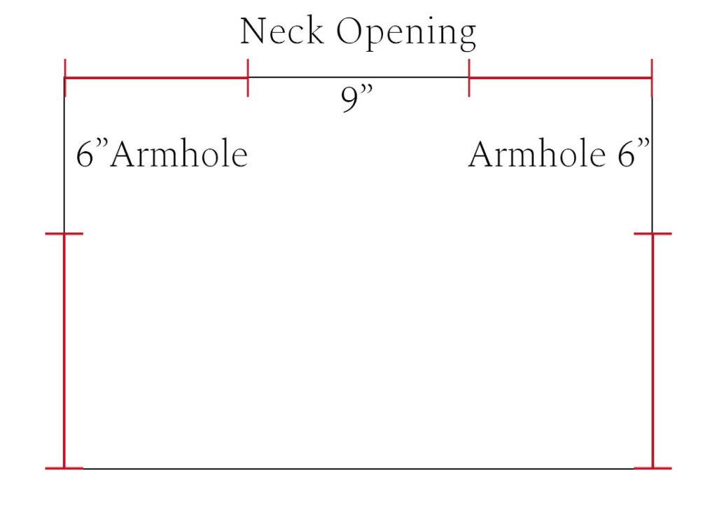 Simple knitting schematic showing the layout and measurements for assembling a crop top poncho sweater, with 6-inch armholes and a 9-inch neck opening.