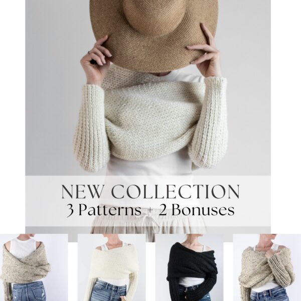 Flatlay collage showcasing all three sweater scarf patterns included in the collection.