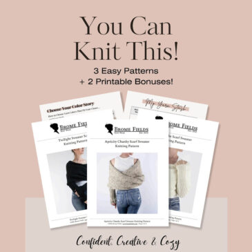 PDF preview showing knitting pattern pages and bonus materials from the Brome Fields bundle.