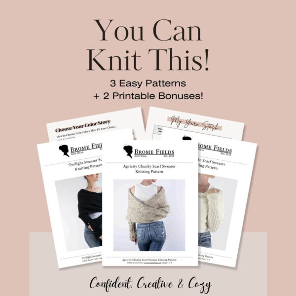 PDF preview showing knitting pattern pages and bonus materials from the Brome Fields bundle.