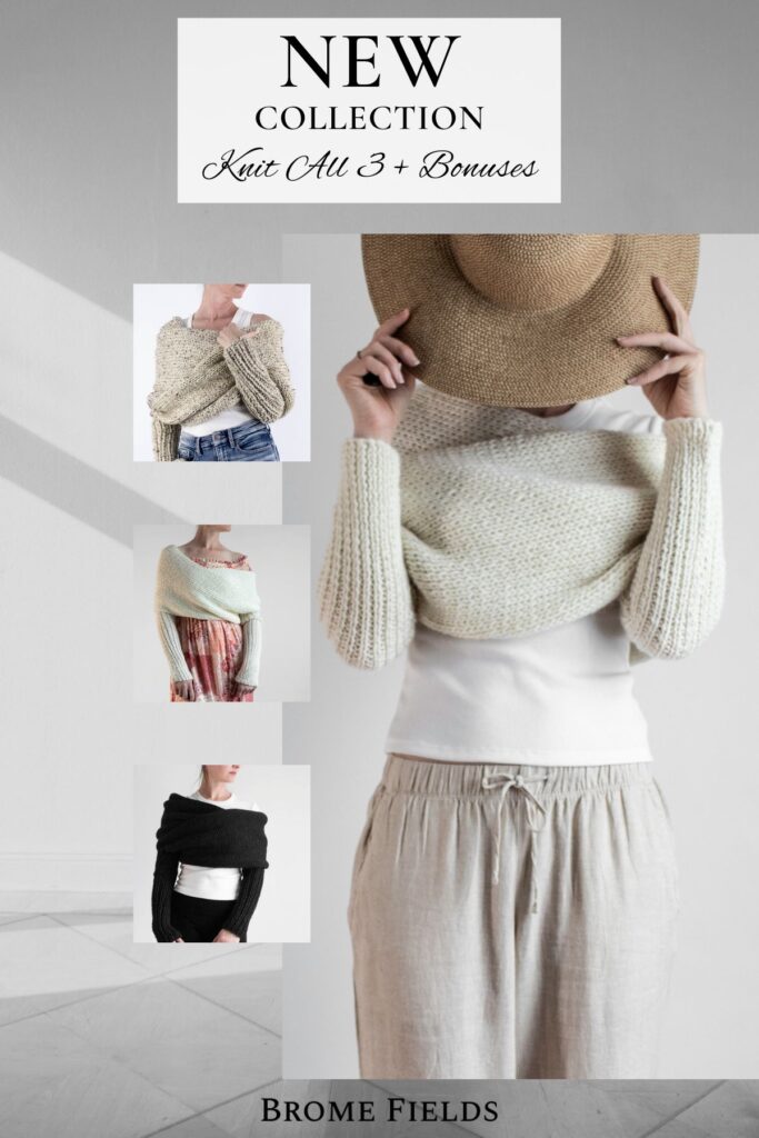 Collage of three scarf sweater knitting patterns styled on models with large central image and text: “New Collection – Knit All Three.”