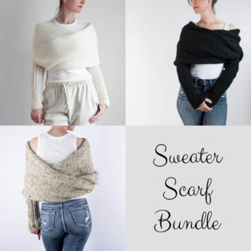 A collage featuring three cozy sweater scarf knitting patterns styled in cream, black, and neutral tones. Each image shows how the scarf wraps around the shoulders like a sweater, with ribbed sleeves for warmth and comfort. Text overlay reads “Sweater Scarf Bundle,” highlighting this wearable knitting pattern collection.