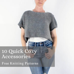 Beginner-friendly cropped gray sweater knit in garter stitch, styled casually with jeans.