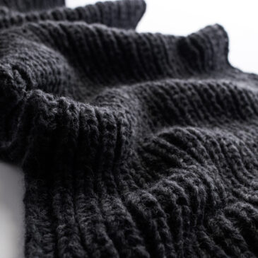 Close-up of the Misty Dewdrop Blanket in soft black bulky yarn, showing the squishy fisherman rib texture and airy stitch definition.