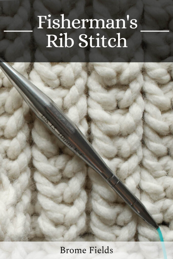 Close-up of Fisherman’s Rib Stitch in cream yarn on circular needles, with text overlay “Fisherman’s Rib Stitch” for a knit-in-the-round tutorial.