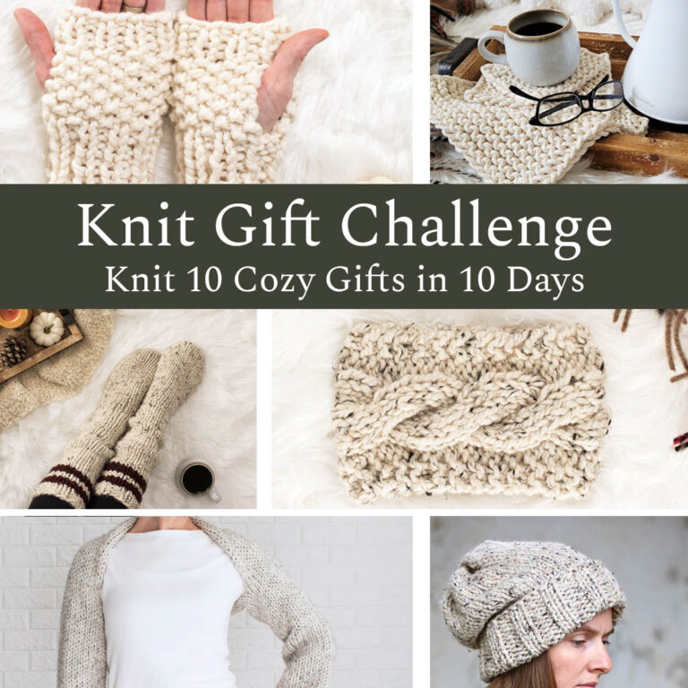 Collage of cozy Christmas knitting patterns including a chunky cowl, slouchy hat, fingerless gloves, socks, shawl, and shrug, promoting the Knit 10 Cozy Gifts in 10 Days free knitting challenge for handmade Christmas gifts.