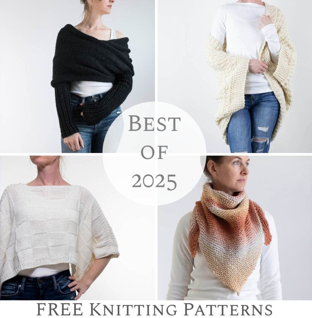Best of 2025 free knitting patterns collage featuring sweater scarves, ponchos, and shawls by Brome Fields