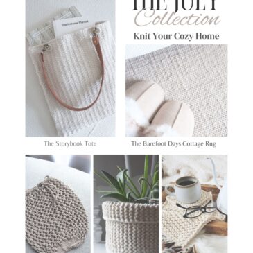 multiple pictures of all the patterns included in the July issue, including a tote, rug, market bag, plant cozy and pot holders.
