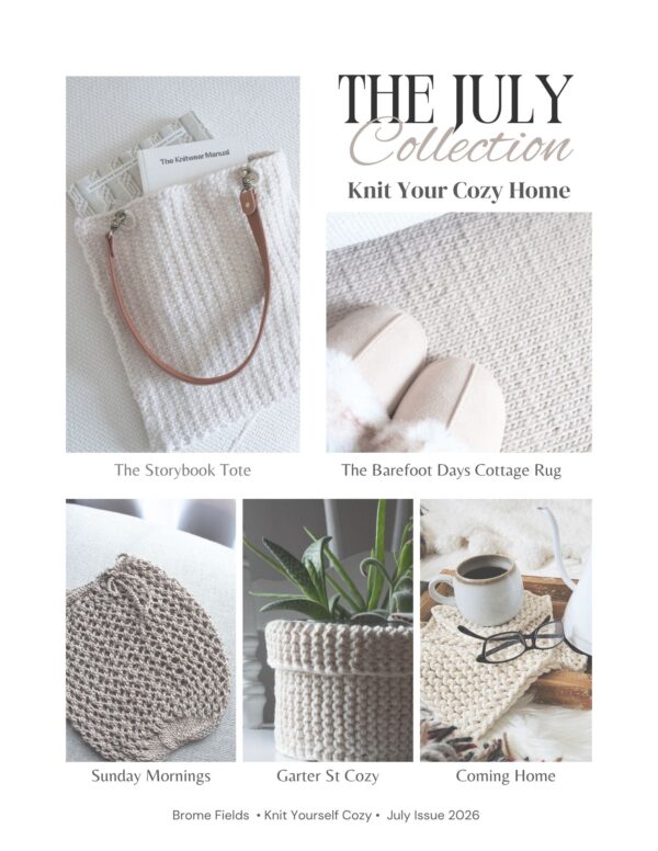 multiple pictures of all the patterns included in the July issue, including a tote, rug, market bag, plant cozy and pot holders.