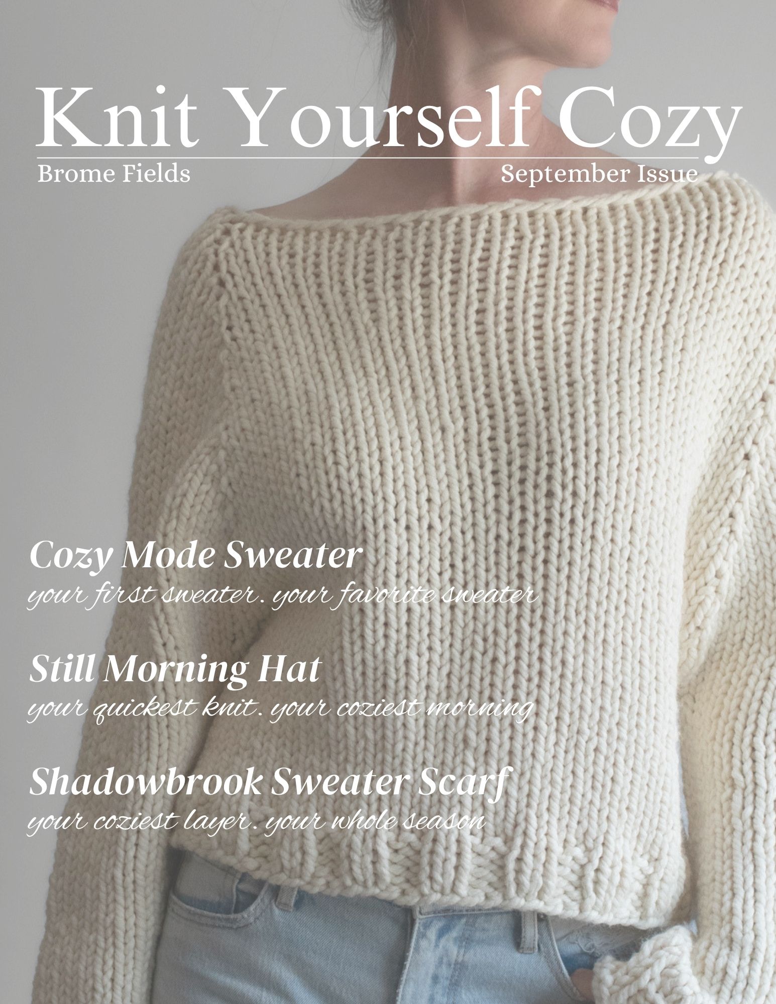 woman wear an oversized chunky knit sweater for the September 2026 Knit Yourself Cozy magazine