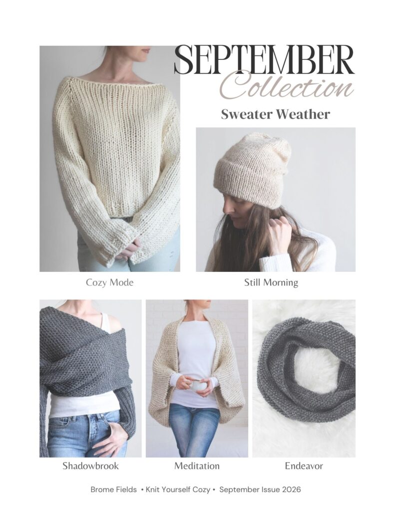 Collage of a chunky knit sweater, slouchy hat, sweater scarf, simple shrug and infinity scarf for the September "sweater weather" Collection