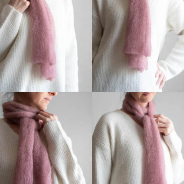 4 images of a model wearing a soft pink mohair stockinette stitch scarf