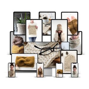 A collection of beginner knitting patterns displayed on tablets, phones, and a monitor, including a chunky cowl, twist headband, fingerless gloves, knit hat, and scarf cowl in warm neutral and mustard tones.