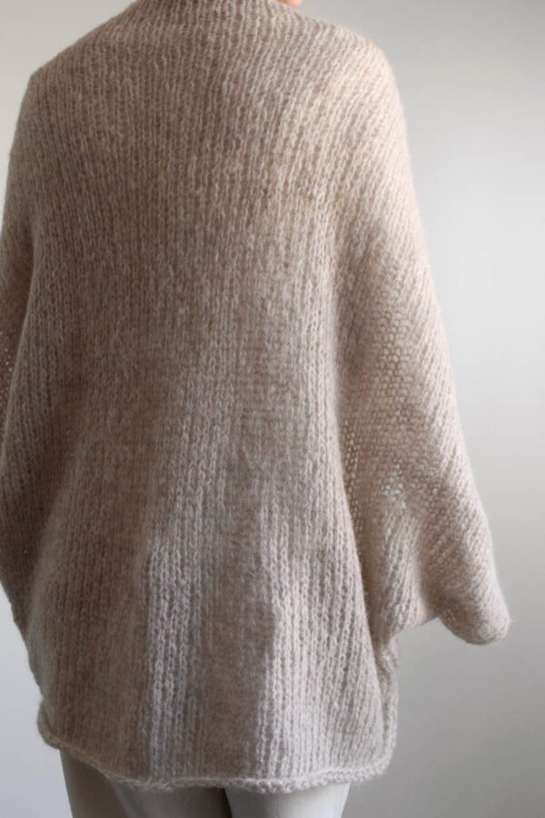 Full length view of the back of the Halo Shrug knitting pattern, oversized boyfriend fit using mohair yarn