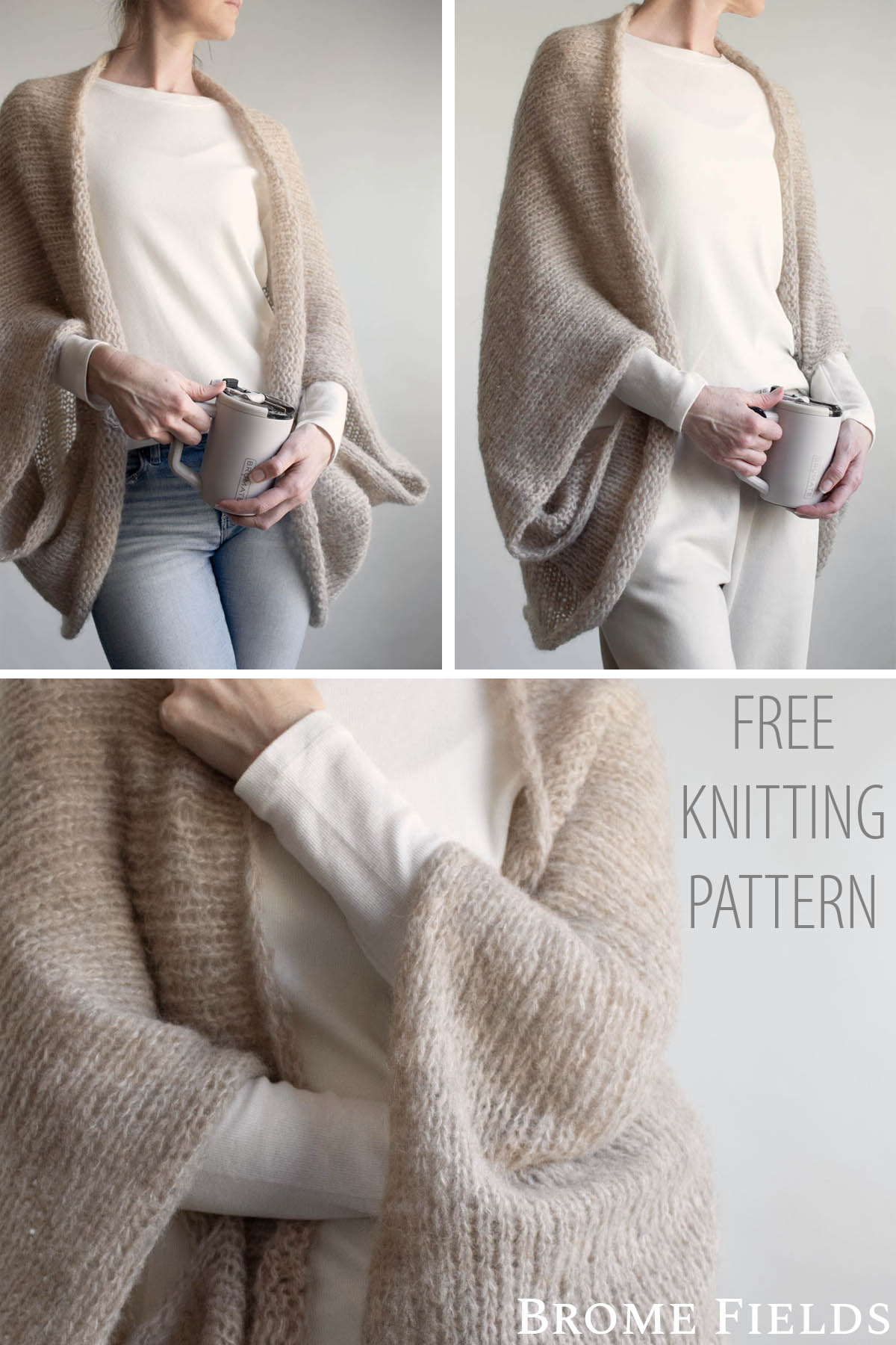 Three-panel Pinterest image showing a woman wearing an oversized brushed alpaca knit shrug in light beige over a cream tee and jeans, holding a coffee cup, with a close-up detail of the mohair texture and "Free Knitting Pattern – Brome Fields" text overlay.