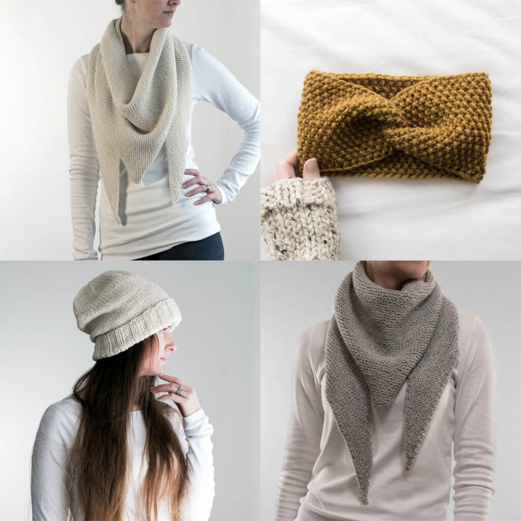 A collage of 4 knitted projects on a light background including a , a triangle shawl worn by a model, a mustard seed stitch twist headband, a classic cuffed hat on a model, and a skinny triangle scarf worn by a model.