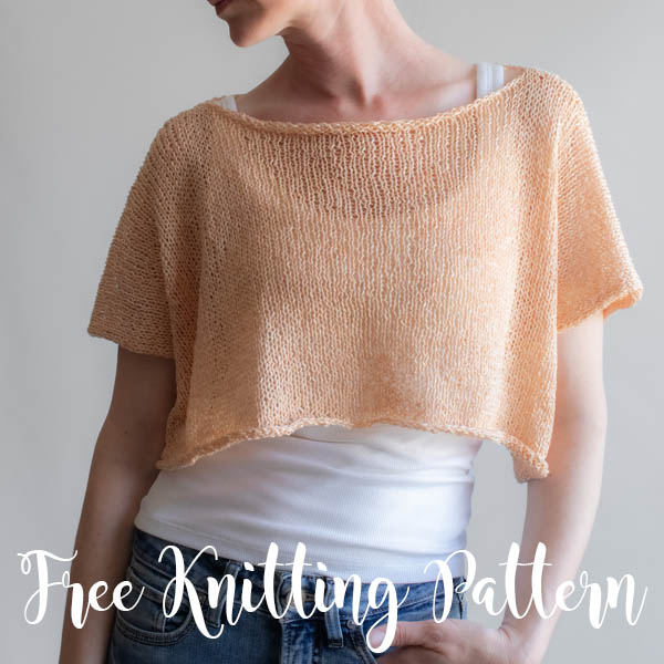 A woman wearing a peach linen knit tee from the front, back, and sides. The boxy cropped top has short sleeves and a wide neckline.