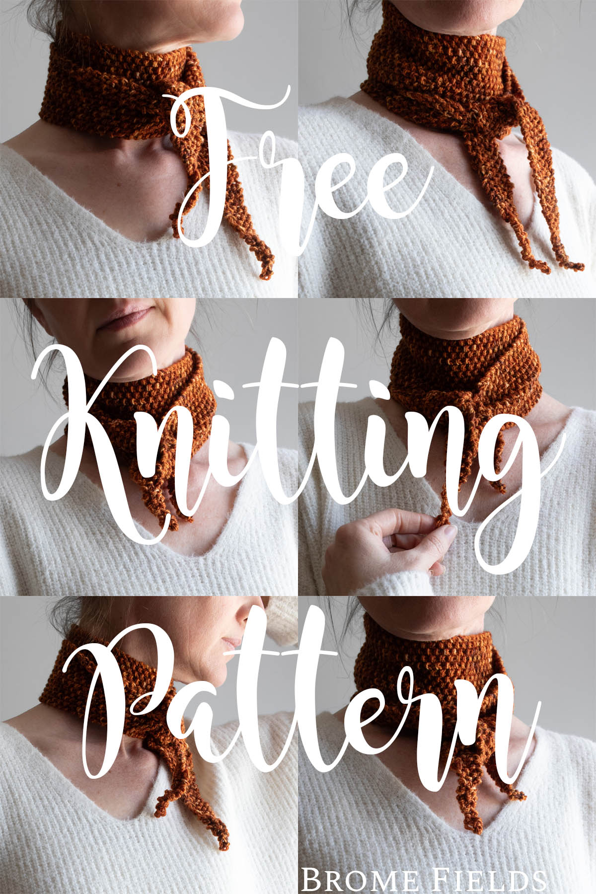 Six photos showing how to tie a rust seed stitch skinny scarf kerchief-style around the neck, with text overlay reading 'Free Knitting Pattern